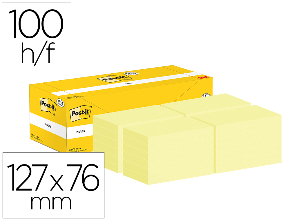 BLOC-NOTES POST-IT 127X76MM 100F REPOSITIONNABLES COLORIS JAUNE BOITE 24 BLOCS (18+6    GRATUITS)